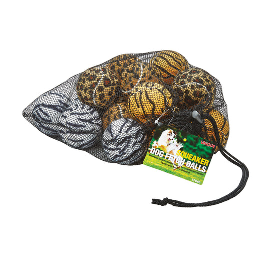 Animal Print Squeaker Dog Balls 18 Pack - Mesh Carry Bag