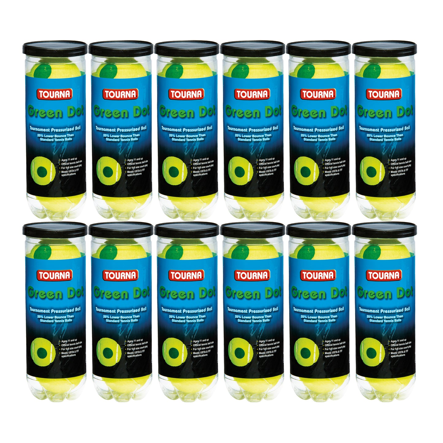 Tourna 12 Pack Pressurized Green Dot Tennis Balls in a Pressurized Can, USTA Approved