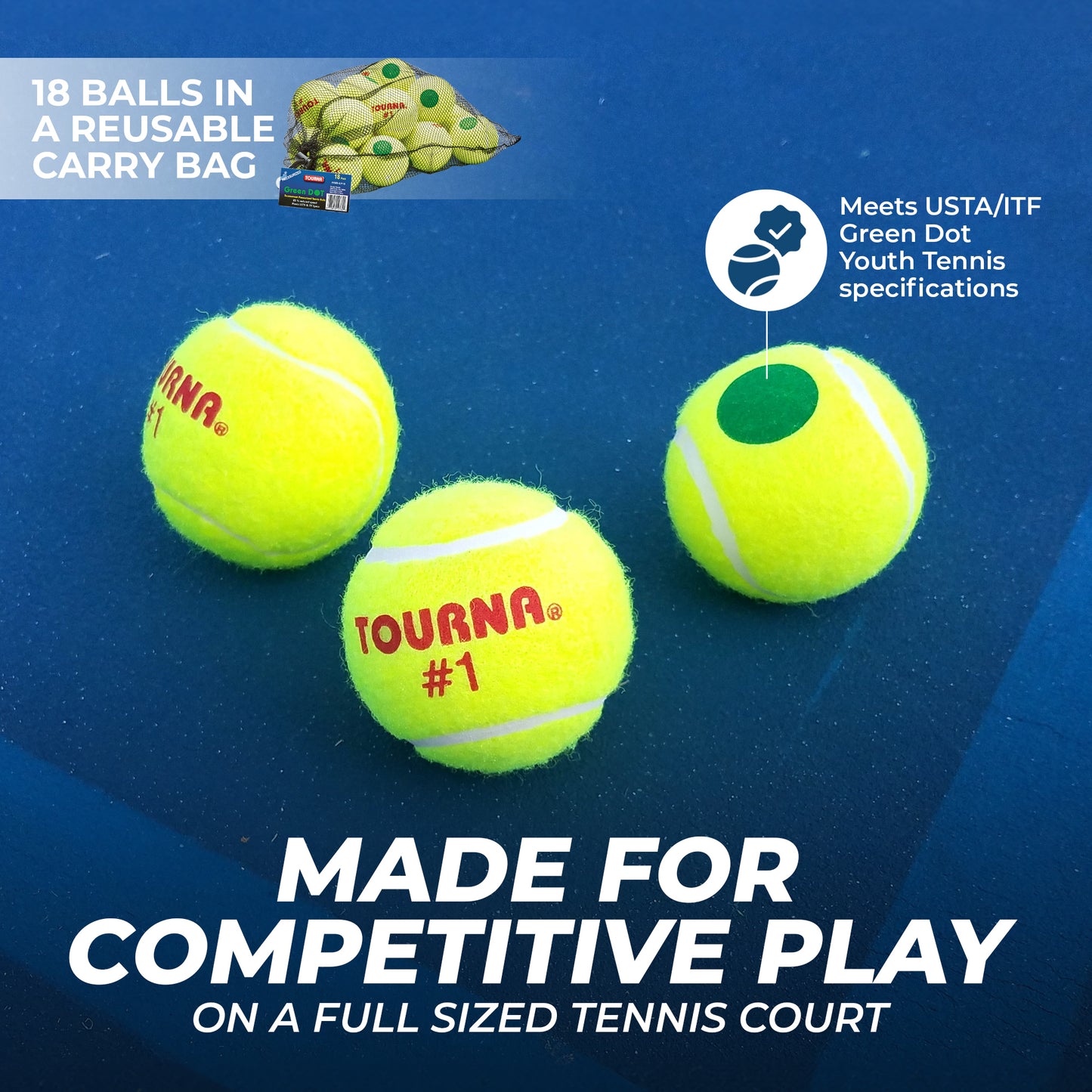 TOURNA Green Dot Low Compression Tennis Balls - Mesh Bag of 18