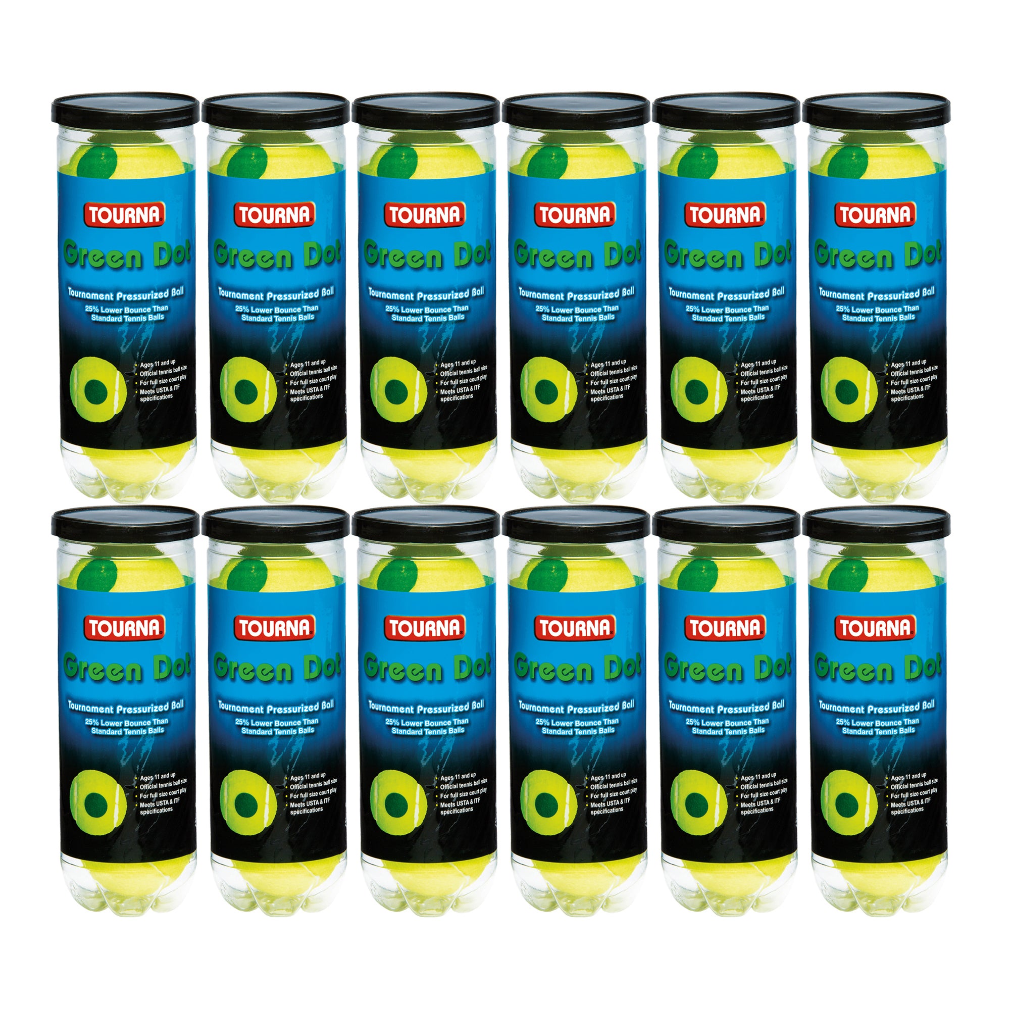Tourna 12 Pack Pressurized Green Dot Tennis Balls in a Pressurized