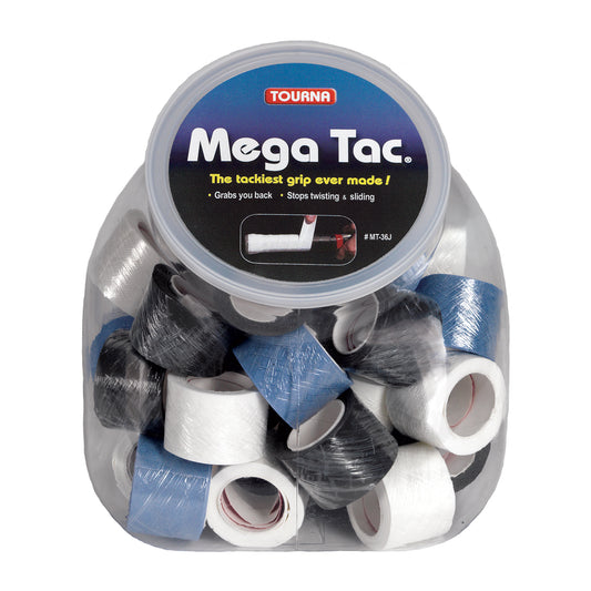 Tourna Mega Tac Extra Tacky Overgrip, Jar Display with 36 single rolls (12 blue, 12 white, 12 black)